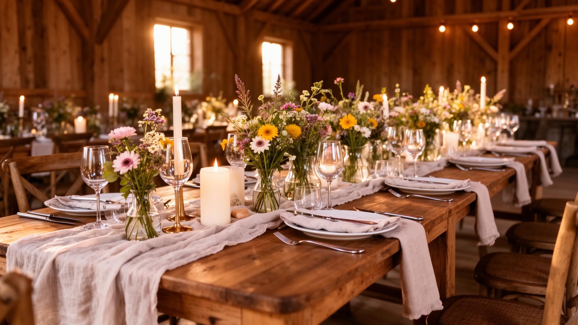 Hochzeitstafel mit Wildblumen und Kerzen